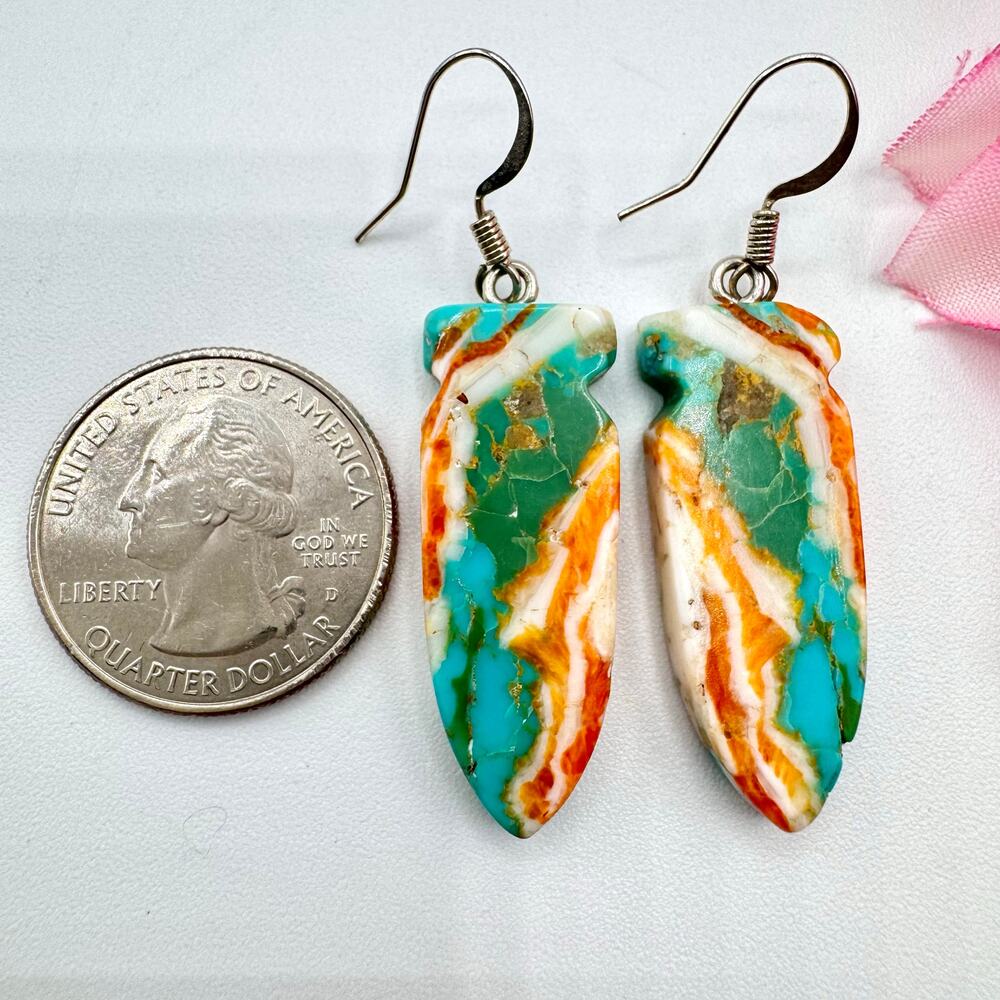 Turquoise Spiny Oyster Shell Carved Arrowhead Composite Slab Earrings Southwest - Picture 9 of 12